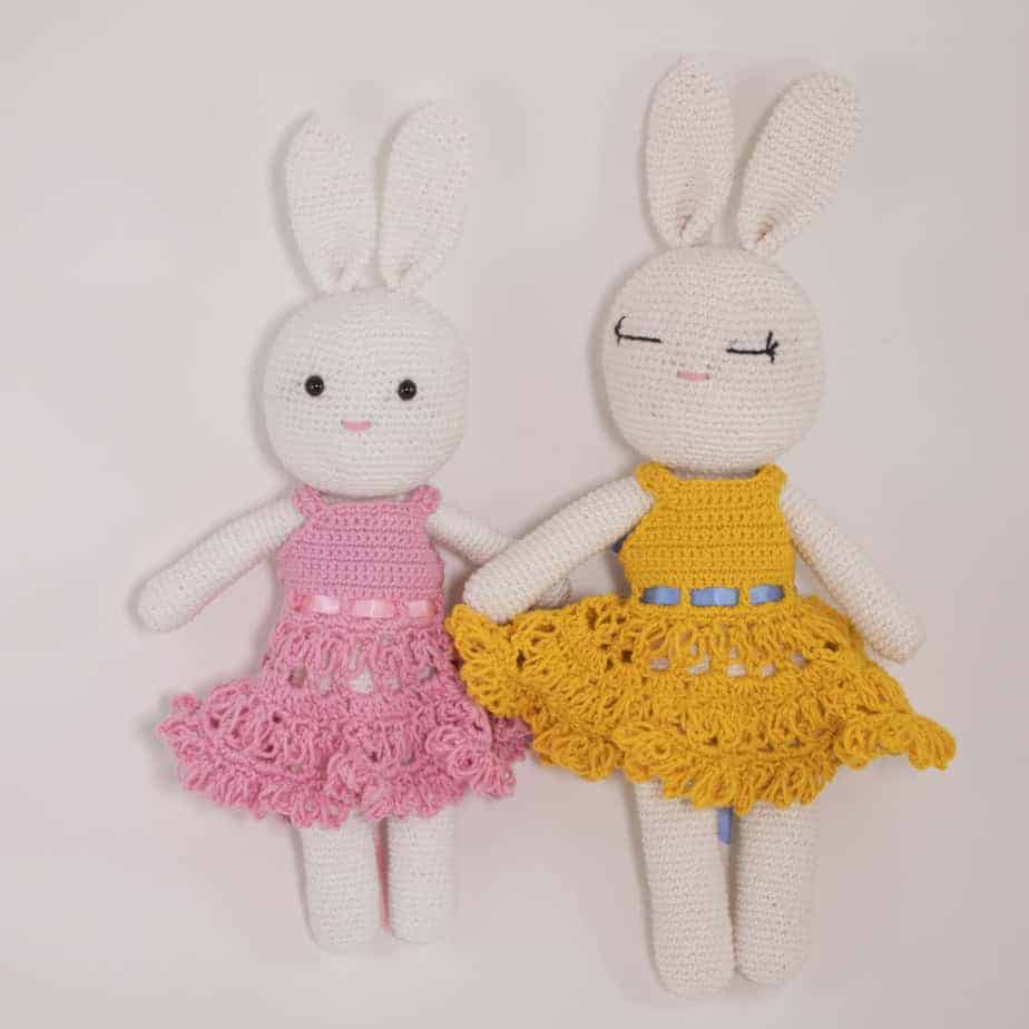 Crochet bunny pattern pink and yellow summer crochet dress with ribbon